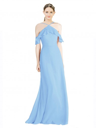 Chiffon Cabeçada Ombro Frio Lombar Comprimento Chão Vestidos de Madrinha Baratos