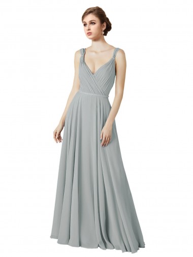 Chiffon Decote V Sem Mangas Comprimento Chão Prata Linha A Vestidos de Madrinha Baratos