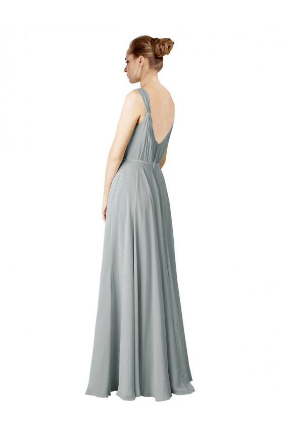 Chiffon Decote V Sem Mangas Comprimento Chão Prata Linha A Vestidos de Madrinha Baratos