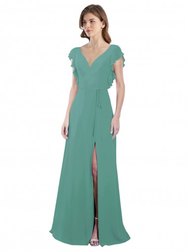 Chiffon Decote V Mangas Curtas Costas em V Comprimento Chão Linha A Vestido de Madrinha Baratos