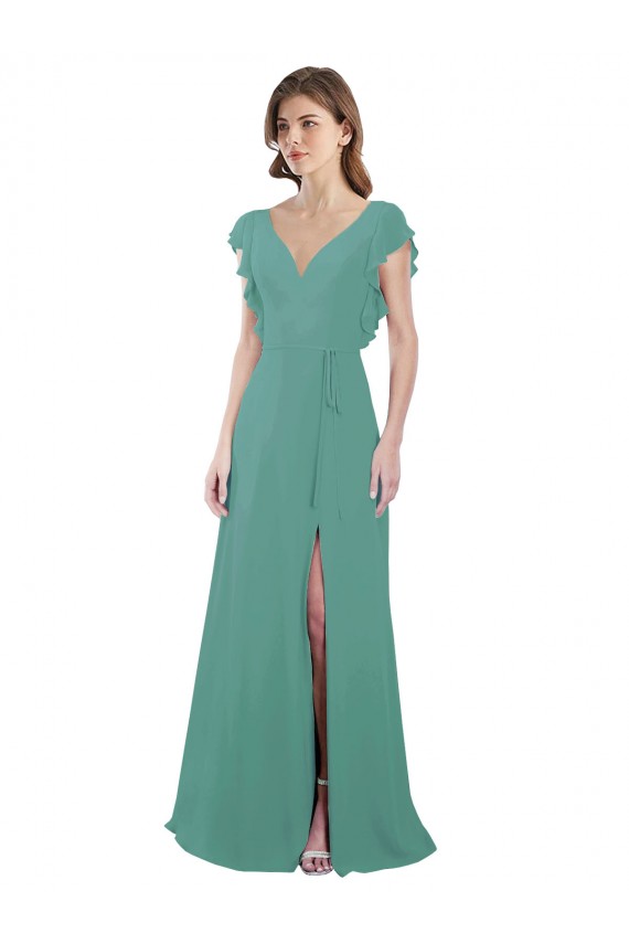 Chiffon Decote V Mangas Curtas Costas em V Comprimento Chão Linha A Vestido de Madrinha Baratos