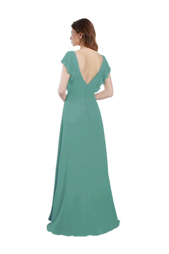 Chiffon Decote V Mangas Curtas Costas em V Comprimento Chão Linha A Vestido de Madrinha Baratos