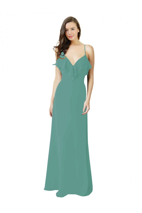 Chiffon Alças finas Sem Mangas Comprimento Chão Prata Islandesa Longo Vestidos de Madrinha Baratos