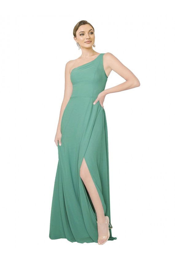 Chiffon Um Ombro Sem Mangas Comprimento Chão Prata Islandesa Linha A Vestidos de Madrinha Baratos