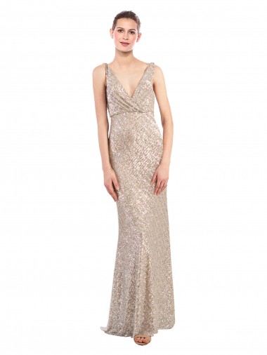 Lantejoulas & Lantejoulas Espumantes Decote V Sem Mangas Costas em V Comprimento Chão Vestidos de Madrinha / Vestidos de Noite / Vestidos de Festa Baratos