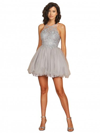 Tule Cabeçada Sem Mangas Criss Cruz Curto Vestidos de Madrinha / Vestidos de Cocktail / Vestidos de Homecoming Baratos