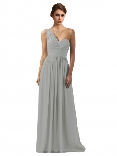Chiffon Um Ombro Sem Mangas Comprimento Chão Prata Linha A Vestidos de Madrinha Baratos