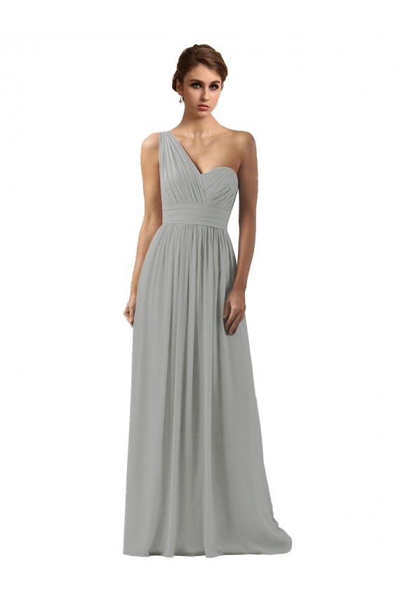Chiffon Um Ombro Sem Mangas Comprimento Chão Prata Linha A Vestidos de Madrinha Baratos