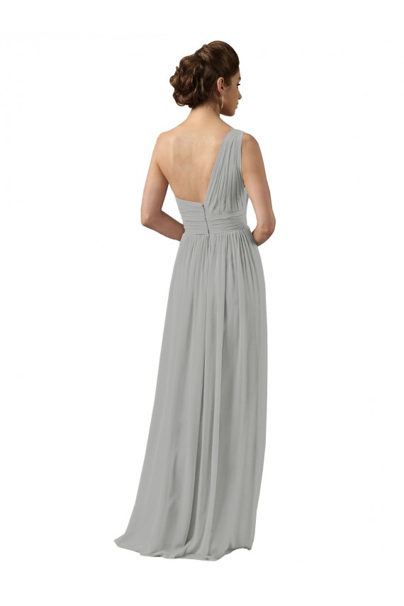 Chiffon Um Ombro Sem Mangas Comprimento Chão Prata Linha A Vestidos de Madrinha Baratos