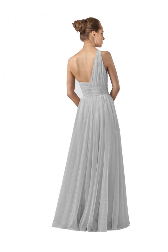 Tule Um Ombro Sem Mangas Comprimento Chão Vestidos de Madrinha Baratos