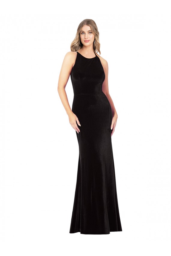 Veludo Elástico Alças finas Sem Mangas Criss Cruz Comprimento Chão Bainha Vestidos de Madrinha / Vestidos de Noite / Vestidos de Festa Baratos