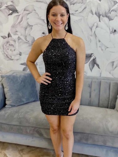Lantejoulas Veludo Cabeçada Sem Mangas Curto Vestidos de Festa Baratos