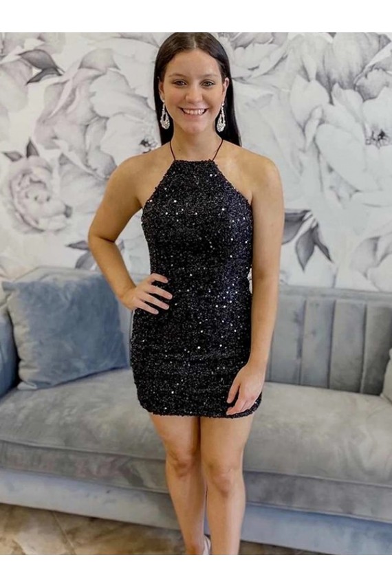 Lantejoulas Veludo Cabeçada Sem Mangas Curto Vestidos de Festa Baratos