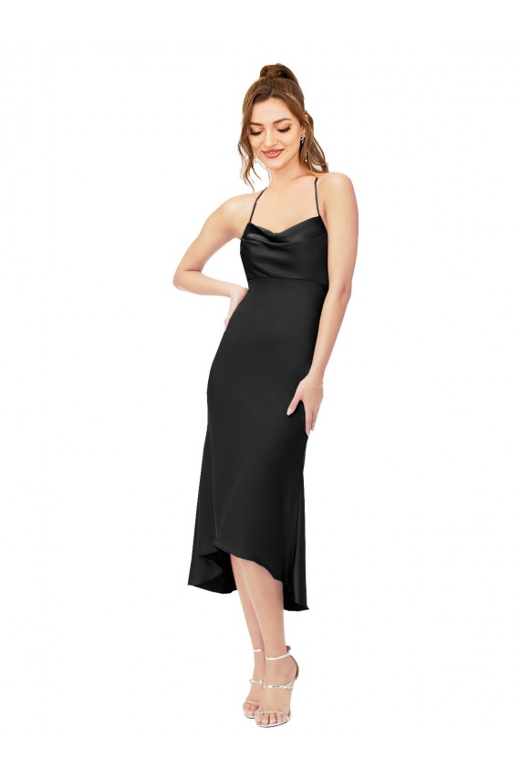 Cetim Sedoso Decote Capuz Sem Mangas Criss Cruz Comprimento Midi Bainha Vestidos de Madrinha / Vestidos de Noite / Vestidos de Festa Baratos