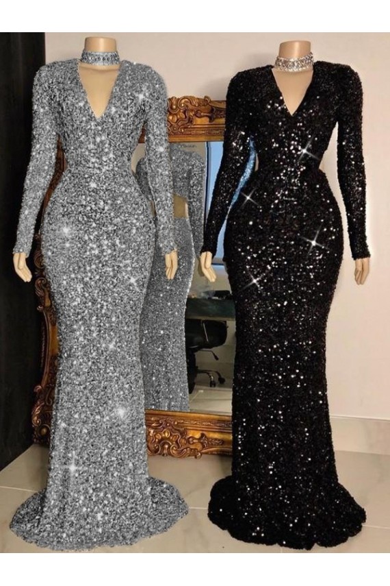 Lantejoulas Veludo Decote V Mangas Compridas Comboio Varredela Vestidos de Festa Baratos