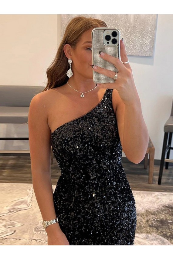 Lantejoulas Veludo Um Ombro Sem Mangas Curto Preto Vestidos de Festa Baratos
