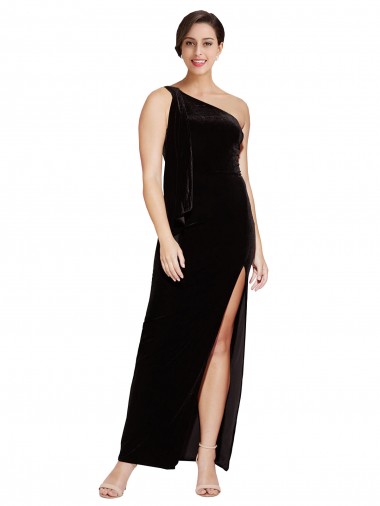 Veludo Elástico Um Ombro Sem Mangas Comprimento Chão Bainha Longo Vestidos de Madrinha / Vestidos de Noite / Vestidos de Festa Baratos