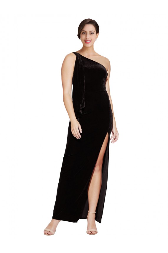 Veludo Elástico Um Ombro Sem Mangas Comprimento Chão Bainha Longo Vestidos de Madrinha / Vestidos de Noite / Vestidos de Festa Baratos