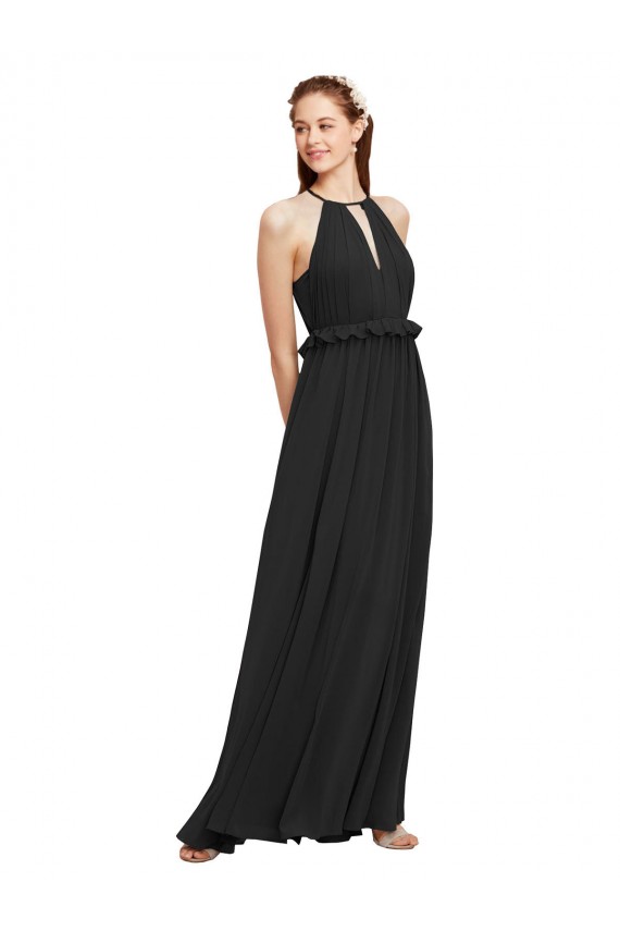 Chiffon Cabeçada Sem Mangas Buraco da fechadura Comprimento Chão Bainha Preto Vestidos de Madrinha Baratos