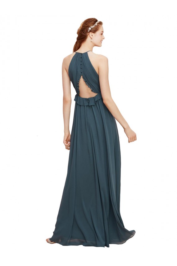 Chiffon Cabeçada Sem Mangas Buraco da fechadura Comprimento Chão Bainha Preto Vestidos de Madrinha Baratos