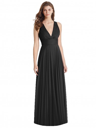 Chiffon Decote V Sem Mangas Criss Cruz Comprimento Chão Preto Linha A Vestidos de Madrinha Baratos