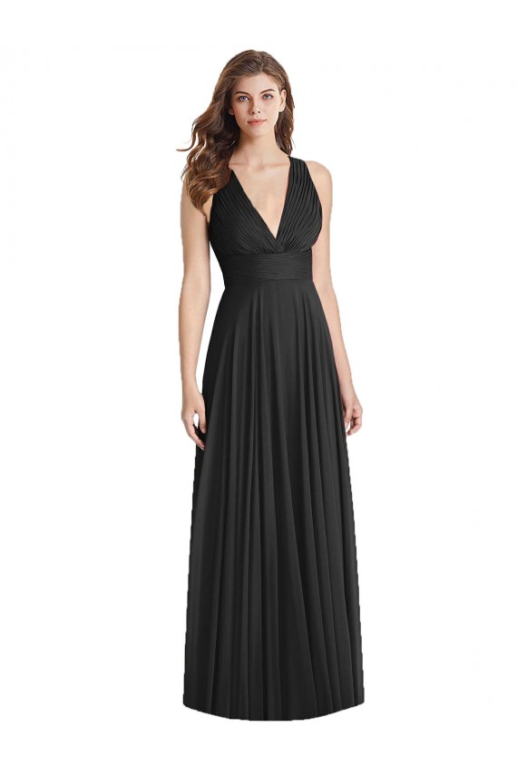 Chiffon Decote V Sem Mangas Criss Cruz Comprimento Chão Preto Linha A Vestidos de Madrinha Baratos