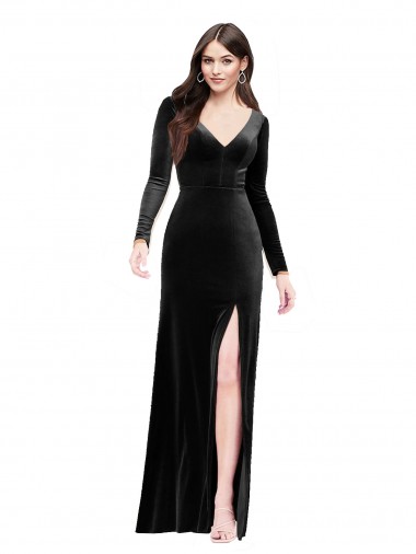 Veludo Elástico Decote V Mangas Compridas Costas em V Comprimento Chão Vestidos de Madrinha / Vestidos de Noite / Vestidos de Festa Baratos