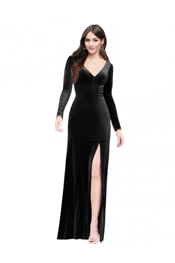 Veludo Elástico Decote V Mangas Compridas Costas em V Comprimento Chão Vestidos de Madrinha / Vestidos de Noite / Vestidos de Festa Baratos