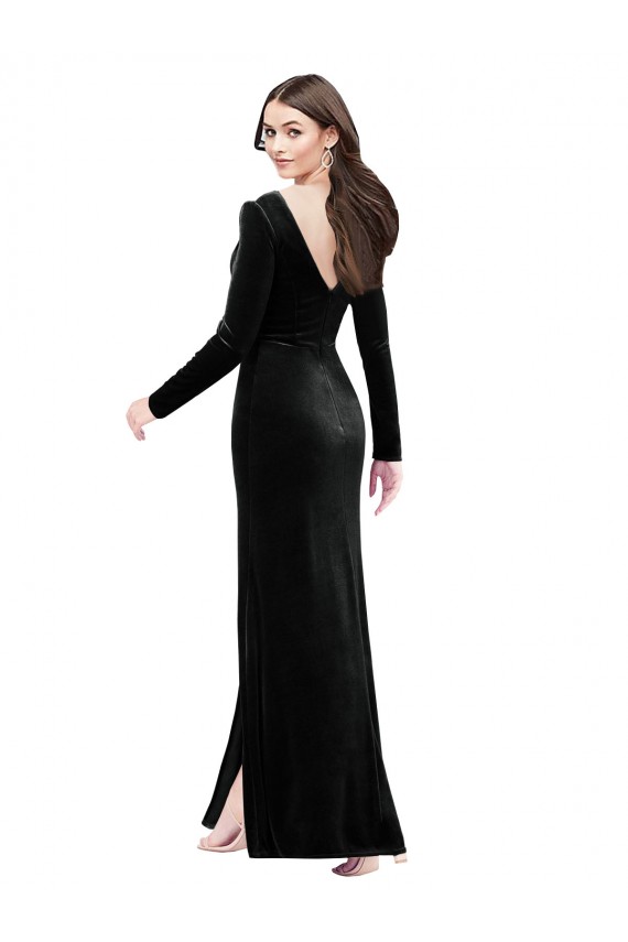 Veludo Elástico Decote V Mangas Compridas Costas em V Comprimento Chão Vestidos de Madrinha / Vestidos de Noite / Vestidos de Festa Baratos