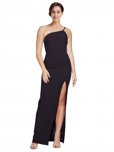 Crepe Esticado Um Ombro Sem Mangas Comprimento Chão Preto Bainha Vestidos de Madrinha / Vestidos de Noite / Vestidos de Festa Baratos