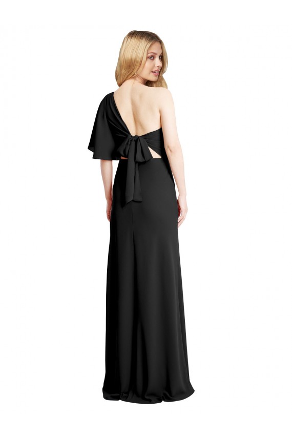Crepe Esticado Um Ombro Mangas Esvoaçantes Comprimento Chão Bainha Vestidos de Madrinha / Vestidos de Noite / Vestidos de Festa Baratos