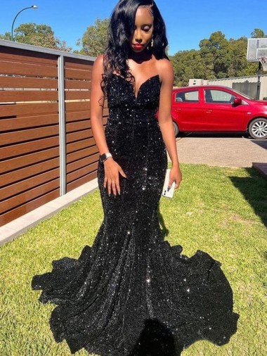 Lantejoulas Veludo Amor Sem Mangas Comprimento Chão Preto Vestidos de Festa Baratos