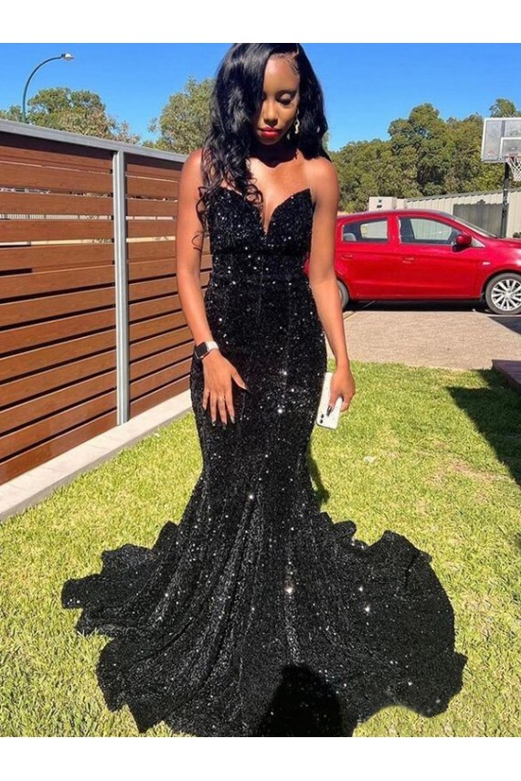 Lantejoulas Veludo Amor Sem Mangas Comprimento Chão Preto Vestidos de Festa Baratos