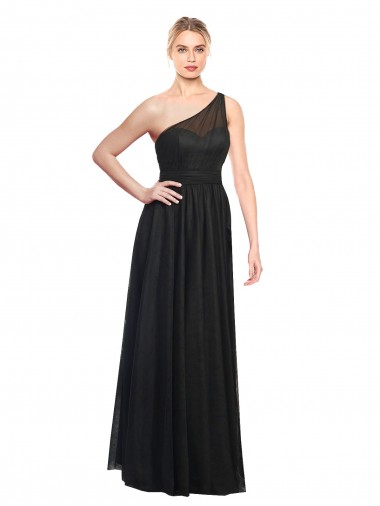 Tule Um Ombro Sem Mangas Comprimento Chão Vestidos de Festa / Vestidos de Madrinha Baratos