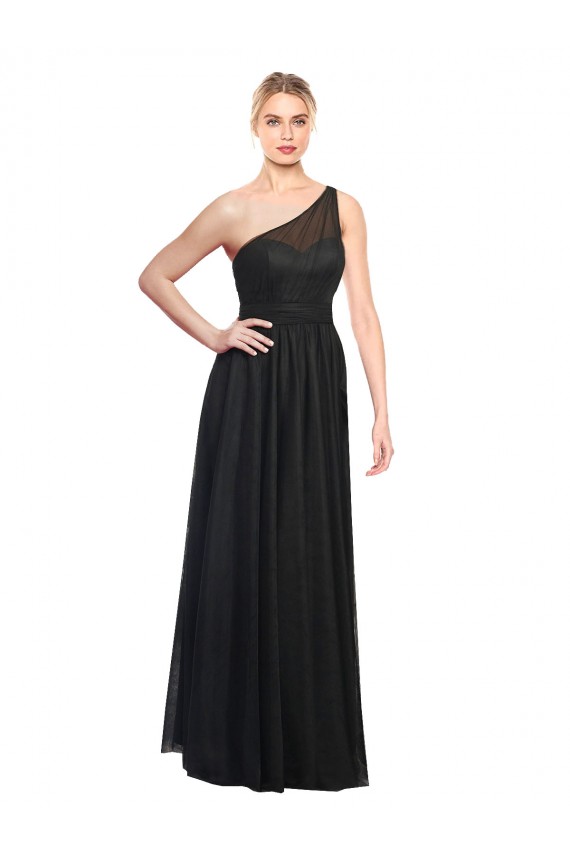 Tule Um Ombro Sem Mangas Comprimento Chão Vestidos de Festa / Vestidos de Madrinha Baratos