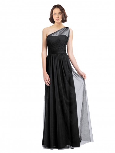Tule Um Ombro Sem Mangas Comprimento Chão Vestido Formais / Vestido de Madrinha Baratos
