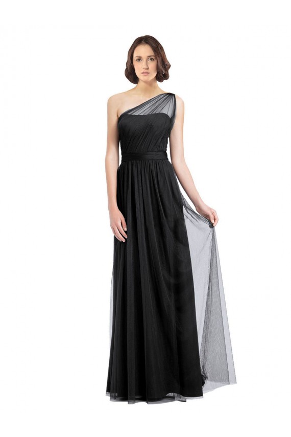 Tule Um Ombro Sem Mangas Comprimento Chão Vestido Formais / Vestido de Madrinha Baratos