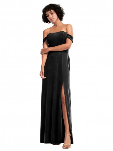 Veludo Elástico Fora do Ombro Sem Mangas Comprimento Chão Linha A Longo Vestidos de Madrinha / Vestidos de Noite / Vestidos de Festa Baratos