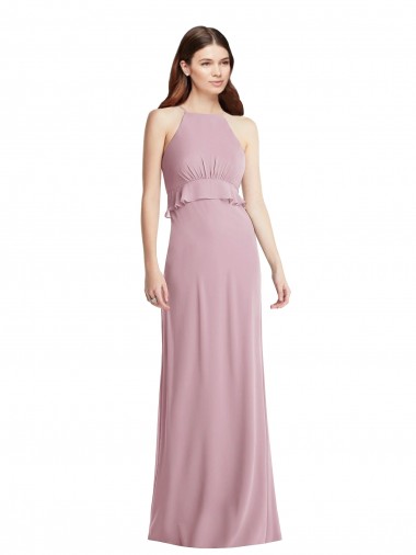 Chiffon Cabeçada Sem Mangas Lombar Comprimento Chão Prímula Vestidos de Madrinha Baratos