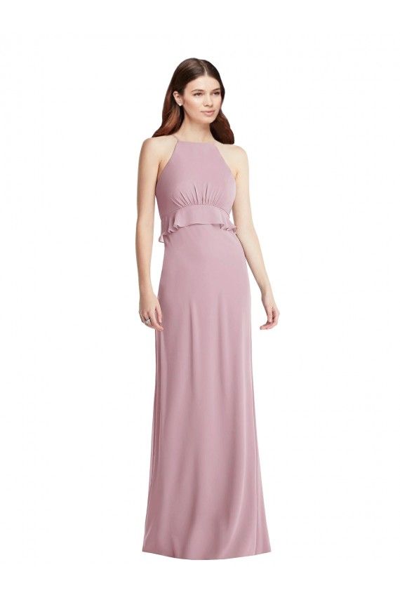 Chiffon Cabeçada Sem Mangas Lombar Comprimento Chão Prímula Vestidos de Madrinha Baratos