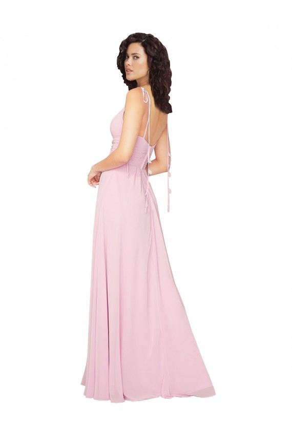 Chiffon Decote V Sem Mangas Costas em V Comprimento Chão Quase Rosa Linha A Vestidos de Madrinha Baratos