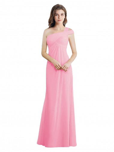 Chiffon Um Ombro Sem Mangas Comprimento Chão Quase Rosa Linha A Vestidos de Madrinha Baratos