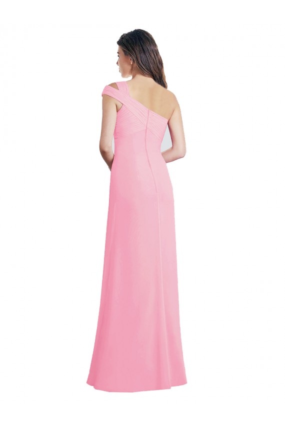 Chiffon Um Ombro Sem Mangas Comprimento Chão Quase Rosa Linha A Vestidos de Madrinha Baratos