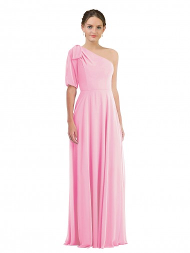 Chiffon Um Ombro Sem Mangas Comprimento Chão Trombeta Quase Rosa Vestidos de Madrinha Baratos