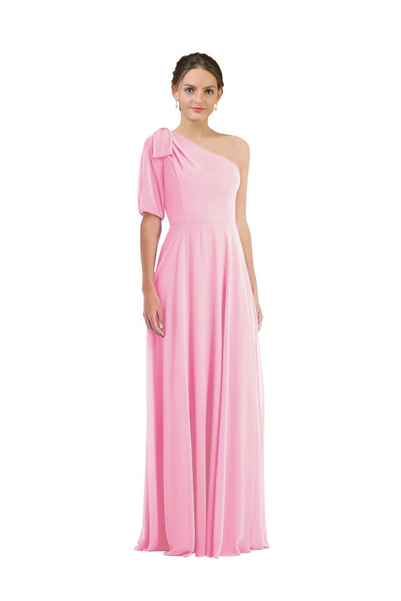 Chiffon Um Ombro Sem Mangas Comprimento Chão Trombeta Quase Rosa Vestidos de Madrinha Baratos