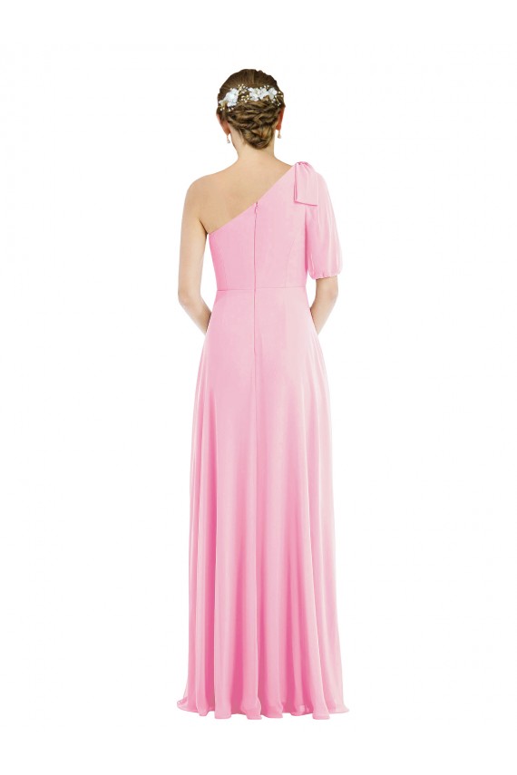 Chiffon Um Ombro Sem Mangas Comprimento Chão Trombeta Quase Rosa Vestidos de Madrinha Baratos