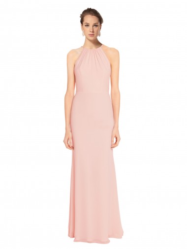 Chiffon Alças finas Sem Mangas Comprimento Chão Rosa 114# Linha A Vestidos de Madrinha Baratos