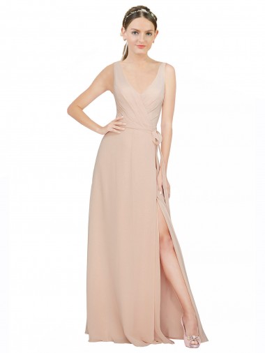 Chiffon Decote V Sem Mangas Comprimento Chão Rosa 114# Linha A Vestidos de Madrinha Baratos
