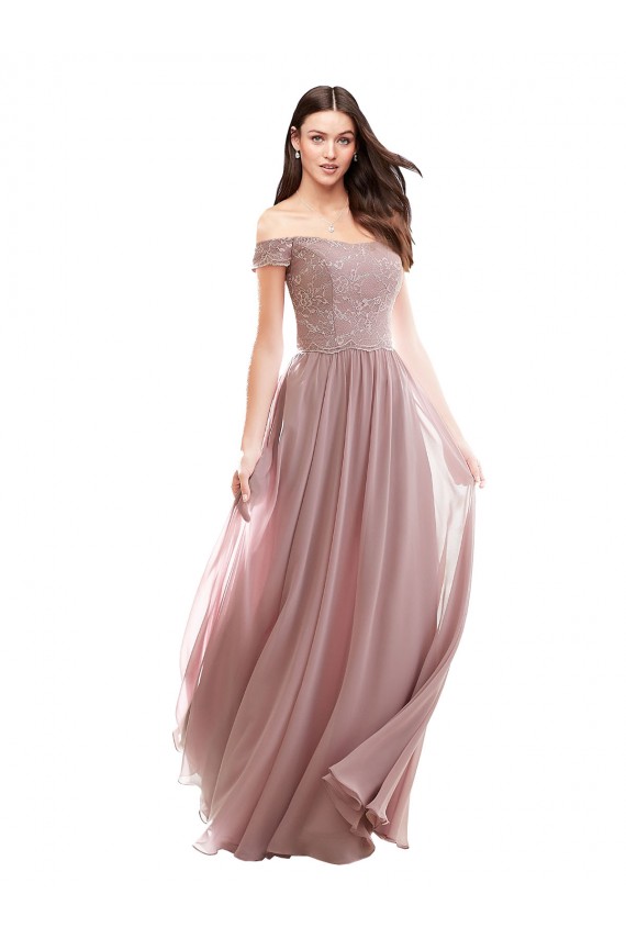 Chiffon & Renda Fora do Ombro Mangas Curtas Comprimento Chão Longo Linha A Vestidos de Madrinha Baratos