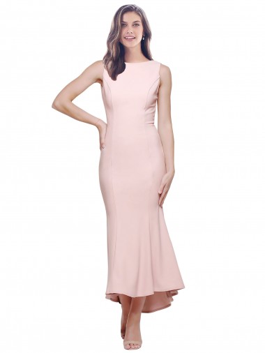 Crepe Esticado Decote Alto Sem Mangas Lombar Comprimento Midi Vestidos de Madrinha / Vestidos de Noite / Vestidos de Festa / Vestidos de Cocktail Baratos
